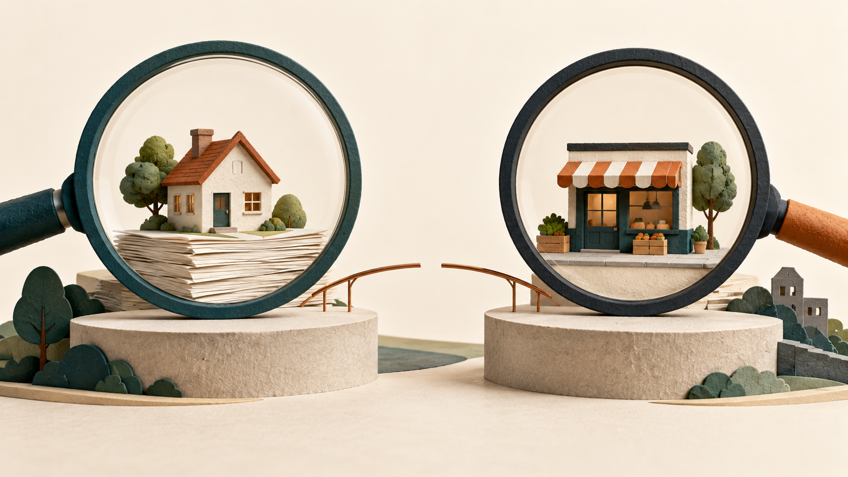 Two inspection lenses frame a household and a small business on separate platforms, with an unfinished bridge between them.