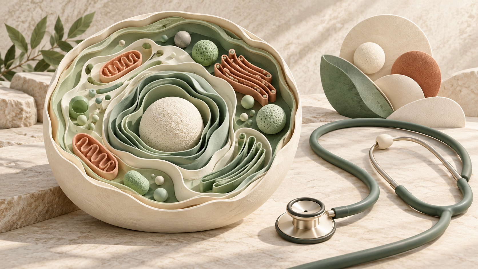 AI-generated layered abstract cell beside a stethoscope and rounded care forms; a health topic illustration, not a source-story photograph.