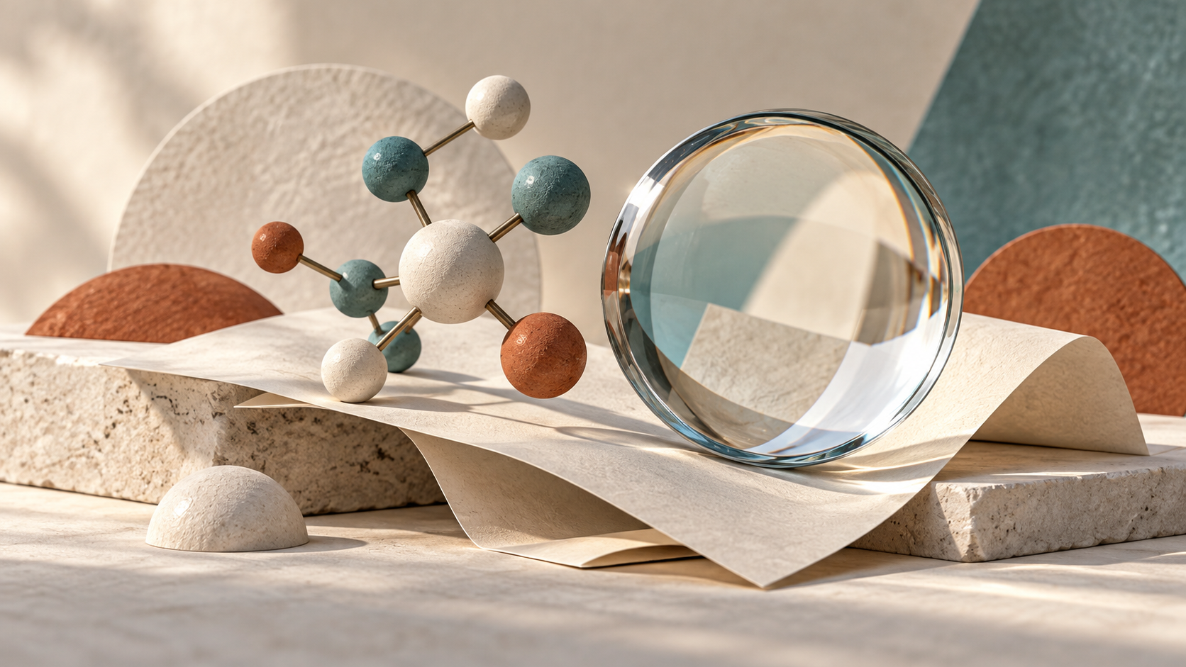AI-generated abstract molecular sculpture and glass lens arranged over folded blank paper; not a source-story photograph.